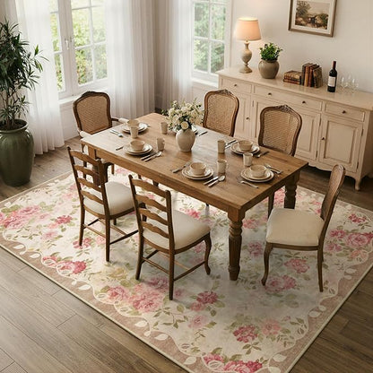 Lahome Washable Area Rug 6x9,Nursery Rug Girl Living Room Rug 6x9, Vintage Girls Rugs for Bedroom Ultra-Thin Non Slip Carpet for Playroom Dining Room Dorm Nina (6'X9',Beige)