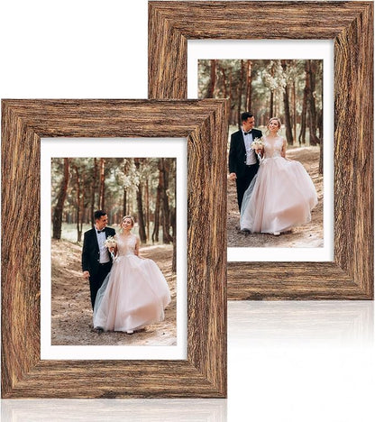 iRahmen 4x6 Picture Frame Set of 2 with High Definition Glass, Wood Photo Frame Display Pictures 3.5x5 with Mat or 4 x 6 without Mat for Tabletop Display and Wall Mounting