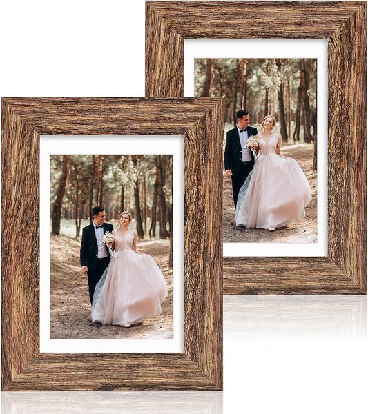 iRahmen 4x6 Picture Frame Set of 2 with High Definition Glass, Wood Photo Frame Display Pictures 3.5x5 with Mat or 4 x 6 without Mat for Tabletop Display and Wall Mounting