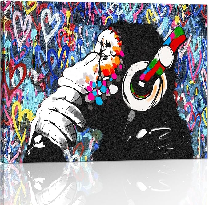 Graffiti Home Decor Music Canvas Wall Art Thinking Monkey Picture Artwork Framed Colorful Canvas Prints Street Art Picture for Living Room Ready to Hang 12x16 inch