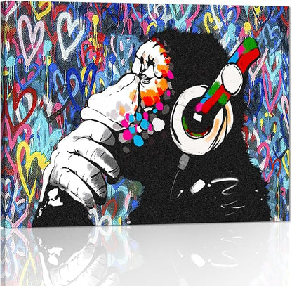 Graffiti Home Decor Music Canvas Wall Art Thinking Monkey Picture Artwork Framed Colorful Canvas Prints Street Art Picture for Living Room Ready to Hang 12x16 inch
