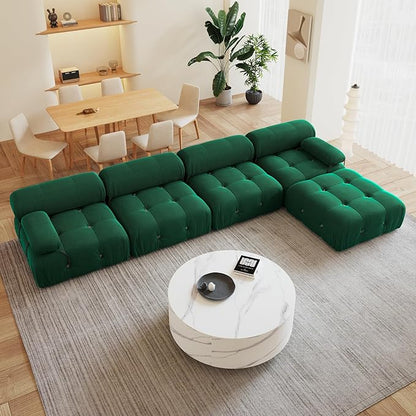 138'' Modular Sectional Couch, L-Shaped Velvet Sofa with Reversible Chaise Ottoman, Minimalist Bubble Couch, Modern Green Sectional Couches for Living Room, Apartment (4 Seats, 1 Ottoman, Green)