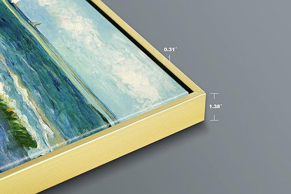 Wieco Art Framed Canvas Wall Art Seascape at Saintes Maries by Vincent Van Gogh Modern Canvas Prints Sea Pictures on Canvas Art for Living Room Home Decorations Gold Frame