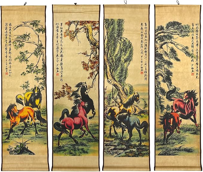 4 Panels Watercolor Horse Scroll Painting for Living Room Farmhouse Large Wall Hanging Decor, 8 Horses Animal,56.8x49 Inches