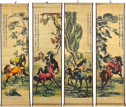 4 Panels Watercolor Horse Scroll Painting for Living Room Farmhouse Large Wall Hanging Decor, 8 Horses Animal,56.8x49 Inches