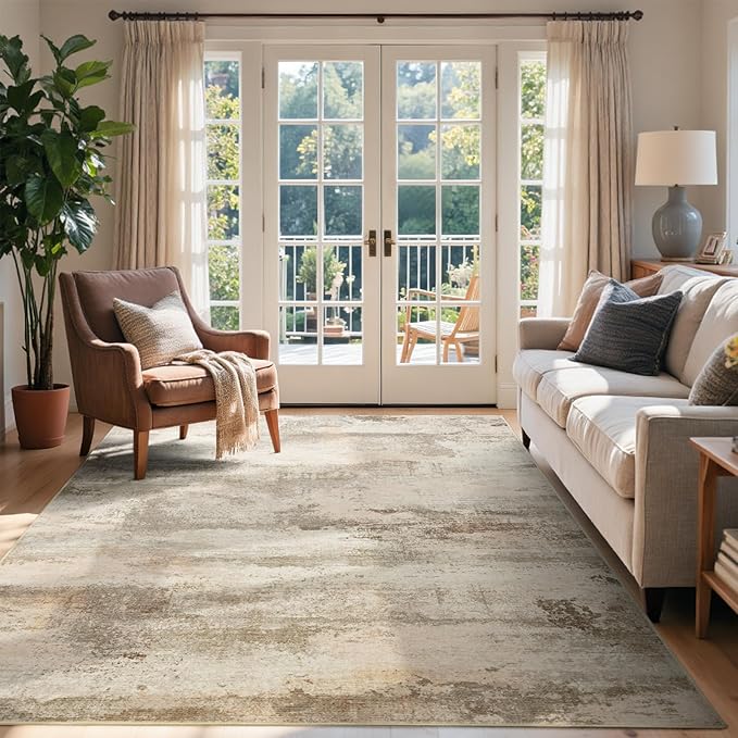 4x6 Ft Abstract Area Rugs for Living Room, Soft Non-Slip Modern Washable Rugs Print Pattern Carpet for Bedroom Indoor Floor Nursery Home Decor (Pink-Brown/Light tan)
