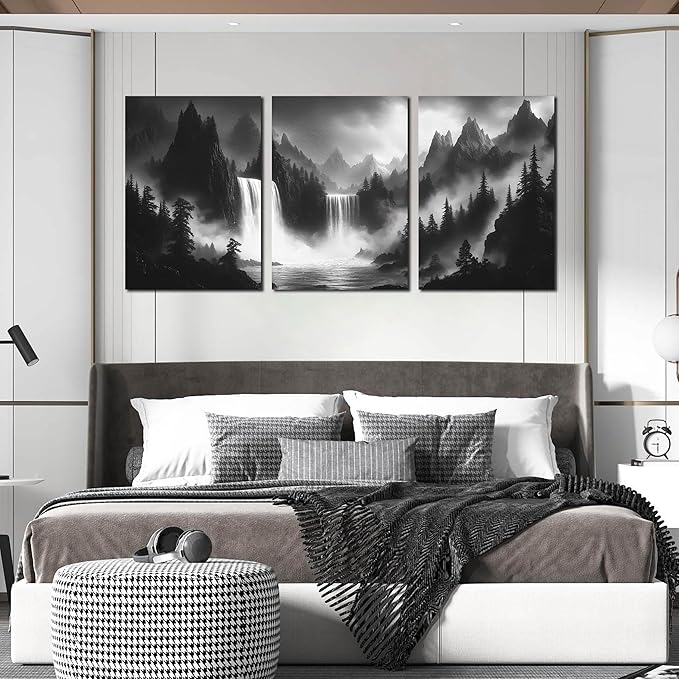 CIRABKY Waterfall Canvas Wall Art for Living Room - Mountains Pictures Wall Art for Office - Modern 3 Piece Large Wall Art for Bedroom Size 24" x 36"