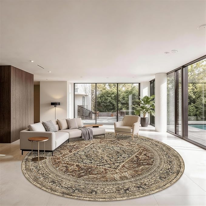 Large Round Rug 8ft: Vintage Round Area Rugs for Living Room Dining Room Bedroom Home Office - Soft Non-Slip Circle Carpet 8' - Oriental Dark Brown
