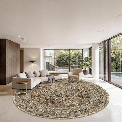 Large Round Rug 8ft: Vintage Round Area Rugs for Living Room Dining Room Bedroom Home Office - Soft Non-Slip Circle Carpet 8' - Oriental Dark Brown