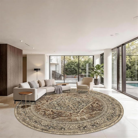 Large Round Rug 8ft: Vintage Round Area Rugs for Living Room Dining Room Bedroom Home Office - Soft Non-Slip Circle Carpet 8' - Oriental Dark Brown