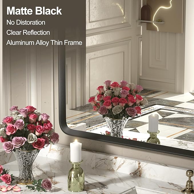 55x30 Black Matte Mirror for Bathroom, Black Metal Framed Rectangle Vanity Mirror, Large Rounded Mirror for Bathroom, Anti-Rust, Shatterproof (Horizontal/Vertical)