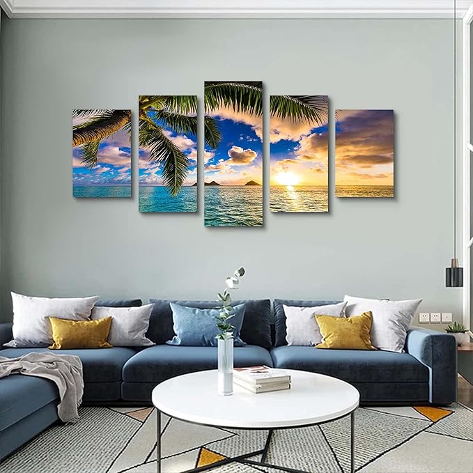 EPHANY Modern 5 Piece Framed Giclee Canvas Prints Art - Blue Beach Landscape Blue Paintings on Canvas Wall Art Wall Art Canvas Print Frame Picture Painting for Room Home Decorations