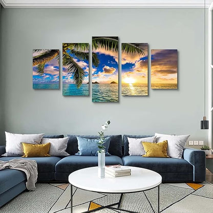 EPHANY Modern 5 Piece Framed Giclee Canvas Prints Art - Blue Beach Landscape Blue Paintings on Canvas Wall Art Wall Art Canvas Print Frame Picture Painting for Room Home Decorations