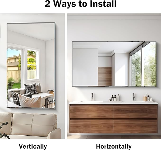 CILIBER Beveled Mirror, 30x55 Large Frameless Bathroom Mirrors for Wall, 3mm Tempered Glass Rectangle Vanity Mirror with Beveled Edge, Crystal-Clear, Hangs Horizontally or Vertically