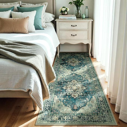 RELEANY Area Rugs 3'x7' Runner Rug Non Slip Washable for Kitchen Hallway Bedroom Beside Laundry Room Bathroom Rug, Floor Carpet, Dark Blue Vintage