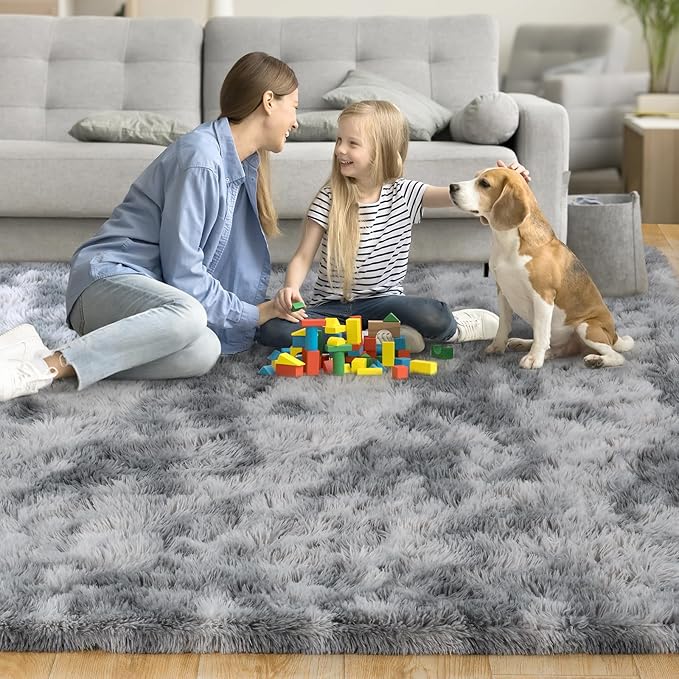 Rug for Living Room Bedroom, 5x7 Area Rugs for Living Room, Ultra Soft Modern Shaggy Carpets Fuzzy Rug for Boys Girls Dorm Nursery Home Decor Aesthetic, Upgrade Non-Slip Durable, Tie-Dye Silver Grey