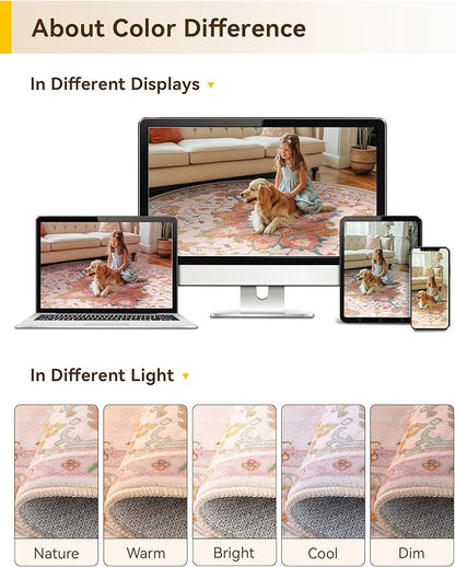 RELEANY Area Rugs Round 10ft Washable Non-Slip, Floral Vintage Distress Print Pattern Medallion Carpet for Living Room Bedroom Dining Room, Light Pink Colorful