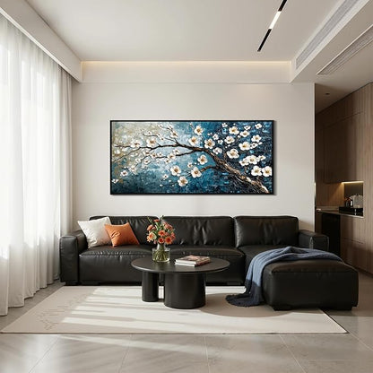 crmotu Large Plum Blossom Wall Art, Japanese Teal Tree Oil Paintings Prints Framed Artwork, Modern Blue Tree Pictures Wall Decor Living Room Bedroom Home Office, 32"x71"