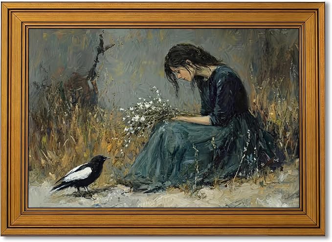 Vintage Gold Framed Canvas Wall Art, Girl Magpie Poster Artwork, Dark Moody Print Picture, Melancholic Aesthetic Painting Wall Decor, for Living Room, Bedroom, Study Home Decoration, 9x11in