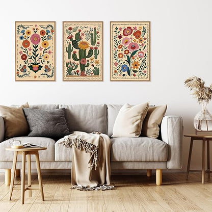 HLNIUC Boho Wildflower Wall Art Canvas,Mid Century Floral Wall Art,Butterfly Flower Artwork Watercolor,Cactus Framed Decor,William Morris Prints,Botanical Painting for Living Room Bedroom Home16x24x3