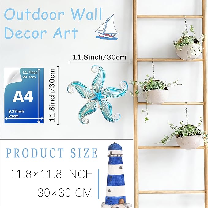 POXOHO Starfish Outdoor Wall Decor for Garden Fence Patio, 12" Hanging Metal & Glass Sculpture, Coastal Beach Ocean Gift for Women Men(Sky Blue)