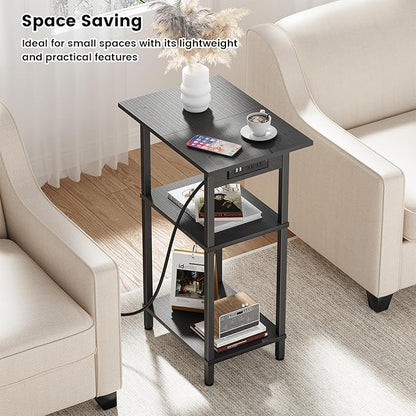 Asgolion Tall End Table with Charging Station, Skinny Nightstand with USB Ports and Outlets, 3 Tier Narrow Side Table with Storage for Bedroom, Living Room, Office, Black