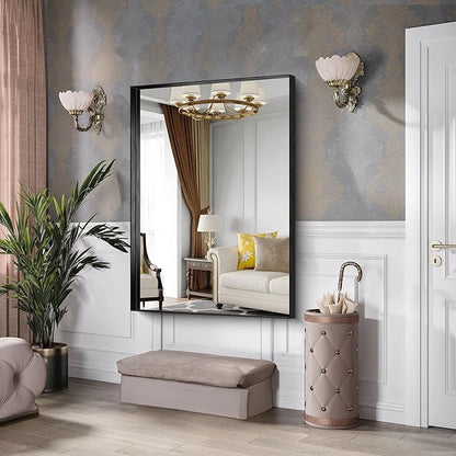 CIRCUMI Black Bathroom Mirror, 36"x50" Rectangular Mirror with Deep Metal Frame, Brushed Finish, Tempered Glass, Large Mirror for Wall, Over 2 Sinks, Installed Vertically/Horizontally, Crystal-Clear