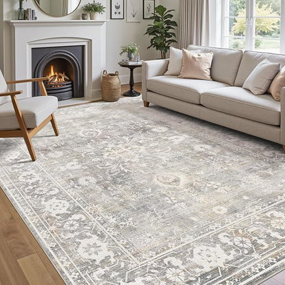 DEXI Area Rugs for Living Room, 5x8 Washable Low Pile Vintage Traditional Rug for Bedroom, Non Slip Indoor Carpet for Dining Office Nursery, Light Grey