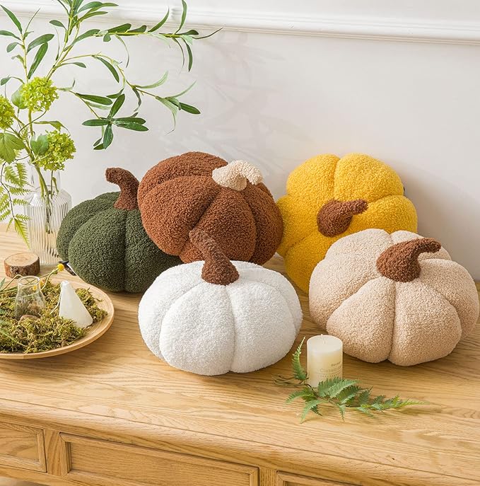 Phantoscope Teddy Fleece Pumpkin Throw Pillows, Halloween Ultra Soft Sherpa Decorative Cute 3D Shaped Cushion, White, 6 x 12 inches