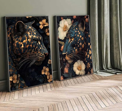 Framed Dark Cheetah Canvas Wall Art Moody Blue and Gold Leopard Wildlife Animal Flower Pictures Painting Wall Decor Poster Print Artwork for Living Room Bedroom Decoration