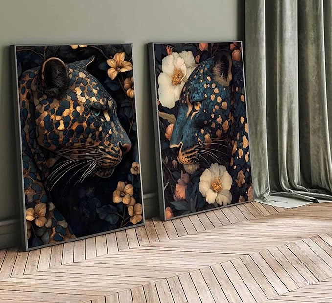Framed Dark Cheetah Canvas Wall Art Moody Blue and Gold Leopard Wildlife Animal Flower Pictures Painting Wall Decor Poster Print Artwork for Living Room Bedroom Decoration