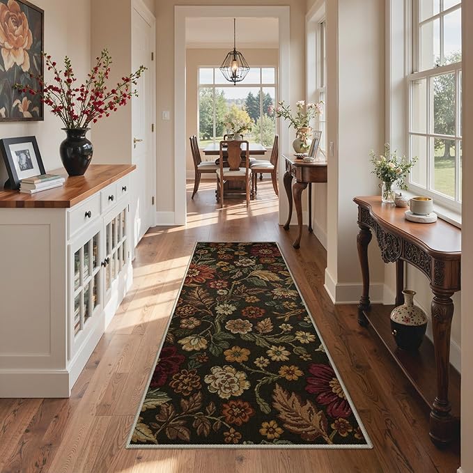 GENIMO 2X6 Washable Runner Rug for Hallway, Vintage Floral Print Non-Slip Low Pile Carpet, Stain Resistant Soft Chenille Rug for Entryway Kitchen Corridor, Floral Brown