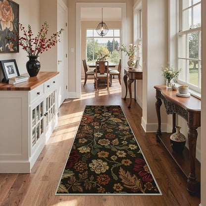 GENIMO 2X6 Washable Runner Rug for Hallway, Vintage Floral Print Non-Slip Low Pile Carpet, Stain Resistant Soft Chenille Rug for Entryway Kitchen Corridor, Floral Brown