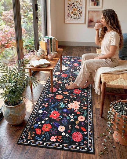 Macgace 2x8 Floral Runner Rug, Flowers Printed Washable Rugs with Non Slip Backing for Girls Bedroom Kitchen Hallway,Cute Carpet Runners Home Aesthetic Decor, Black