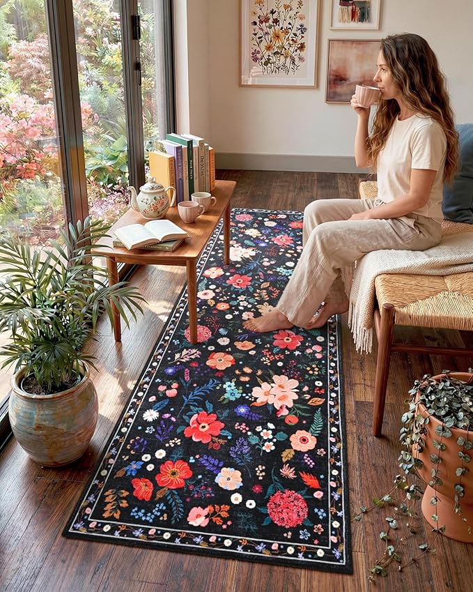 Macgace 2x6 Floral Runner Rug, Flowers Printed Washable Rugs with Non Slip Backing for Girls Bedroom Kitchen Hallway,Cute Carpet Runners Home Aesthetic Decor, Black