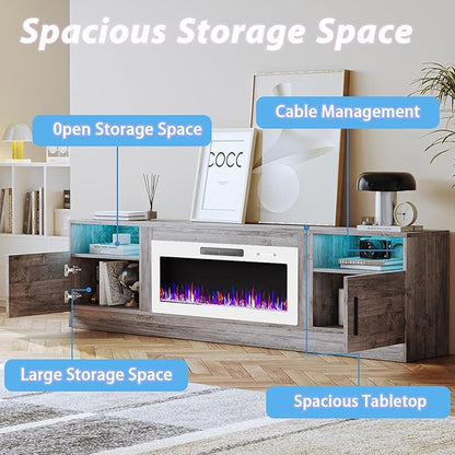 Tavata 80" Fireplace TV Stand, Modern LED Light Entertainment Center with Storage and 36" Fireplace, Media TV Console for TVs Up to 90", Fire Place TV Stands for Living Room, Grey+White