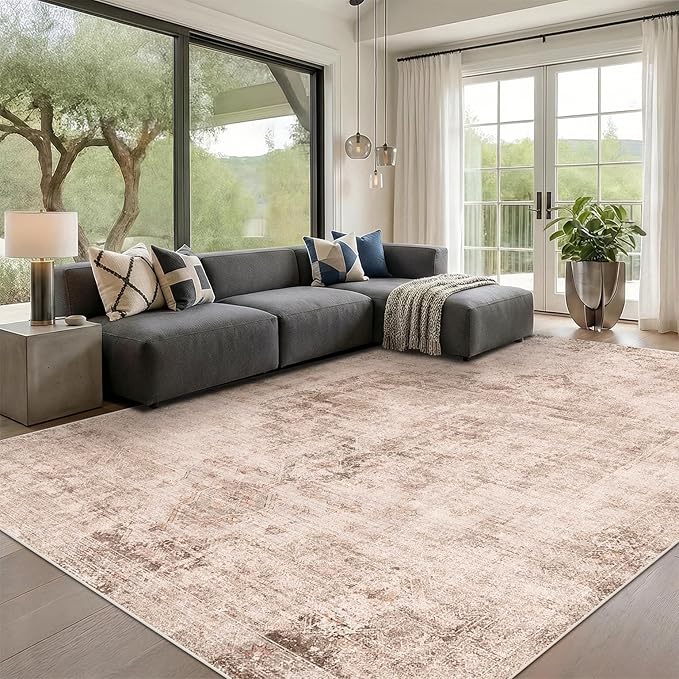 Hazo Haus Neutral Living Room Rug - 10x14 Farmhouse Beige Brown Large Area Rug for Dining Room, Bedroom, Low Pile Lightweight Washable