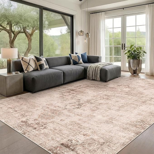 Hazo Haus Neutral Living Room Rug - 10x14 Farmhouse Beige Brown Large Area Rug for Dining Room, Bedroom, Low Pile Lightweight Washable