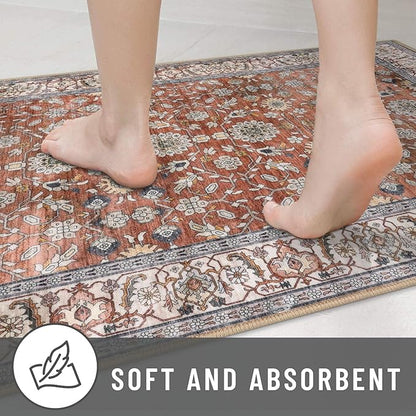 KUTA Vintage Long Runners for Hallways, 2.6x12 Red Clay Washable Non-Slip Kitchen Rugs Ultra Thin Soft Printed Distressed Oriental Floral Floor Carpet for Laundry Bedroom Living Room Nursery