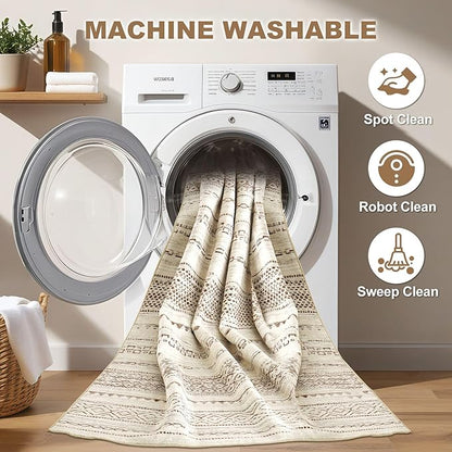 Nakagishi Round Rug Boho Area Rugs: 5x5 Washable Large Circle Neutral Soft Stain Resistant Non-Slip Carpet for Women Aged 25-45 Farmhouse Decor Enthusiasts - Living Room Bedroom Dining Room Nursery