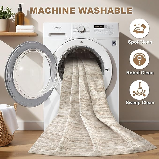 Nakagishi 9x12 Area Rugs Living Room: Washable Large Vintage Rug Neutral Non-Slip Soft Stain Resistant Indoor Carpet for Bedroom Nursery Dining Room Office Playroom - Brown-01