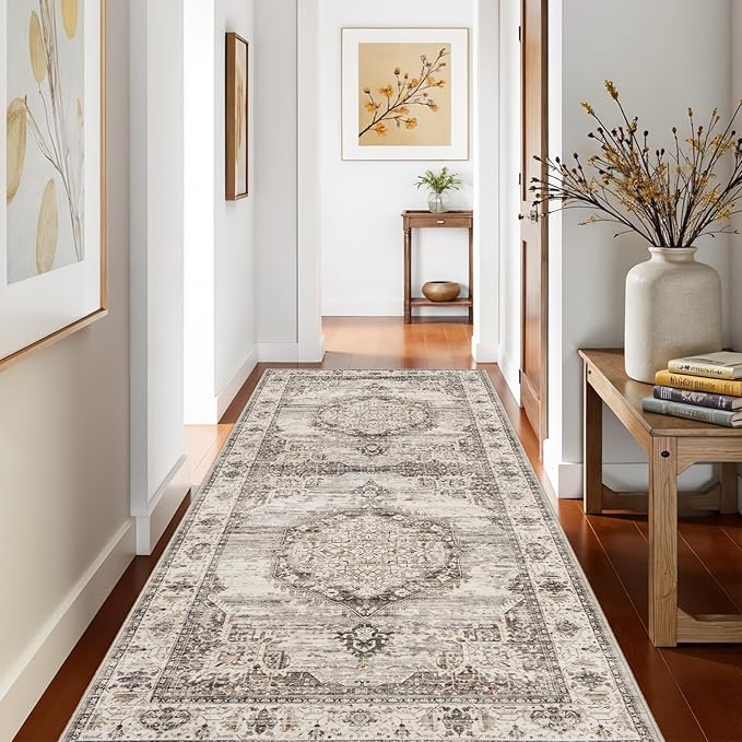 Washable Hallway Runner Rugs 4x8: Soft Ultra Thin Low Pile Carpet Machine Washable Indoor Lightweight Rug Runner Anti Slip Backing Rugs for Living Room Bedroom Kitchen 4'x8' Beige