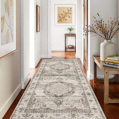 Washable Hallway Runner Rugs 4x8: Soft Ultra Thin Low Pile Carpet Machine Washable Indoor Lightweight Rug Runner Anti Slip Backing Rugs for Living Room Bedroom Kitchen 4'x8' Beige
