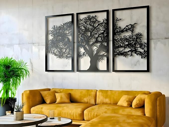 VAILLA Tree of Life Wall Art Decor Set of 3 Wall Hanging Sculpture Modern Wall Home Decoration 3D Textured Sculptures for Living Room Bedroom Office Dinnig Room 3 Panels Family Tree Wall Hangings (71"L x 39"W)