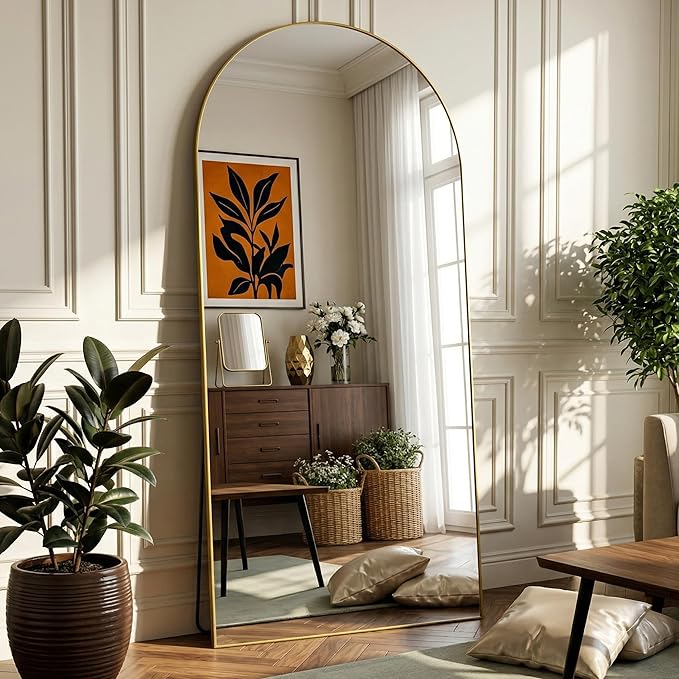 Full Length Mirror, 72"x32" Arched Full Body Mirror, Oversized Floor Mirrors, Leaning Free Standing Mirrors, Hanging Mounted Large Mirrors for Bedroom Dressing Room, Cloakroom, Gold