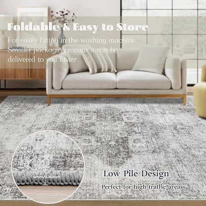 Runner Rug 2x8 Washable Rug, Vintage Boho Medallion Hallway Runner Non-Slip Soft Low Pile Distressed Floor Carpet Retro Doormat for Kitchen Bedroom Laundry Entryway Bathroom (Grey, 2'x8')