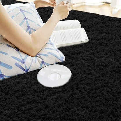 Andecor Soft Fluffy Bedroom Rugs, 8 x 10 Feet Indoor Shaggy Plush Area Rug for Boys Girls Kids Baby College Dorm Living Room Home Decor Floor Carpet, Black