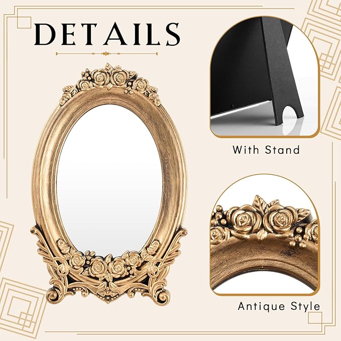Threehoney 2 Pcs Small Gold Vintage Mirror Antique Vanity Makeup Desk Mirror Traditional Arch Tabletop Mirrors with Stand Baroque Decorative Wall Art for Living Room Bedroom Dresser Decor