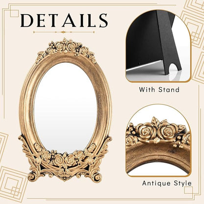 Threehoney 2 Pcs Small Gold Vintage Mirror Antique Vanity Makeup Desk Mirror Traditional Arch Tabletop Mirrors with Stand Baroque Decorative Wall Art for Living Room Bedroom Dresser Decor
