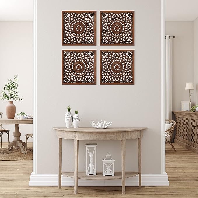 Wooden Designer Wall Hanging Plaques/Wall Plaque Wall Décor Plaques Set of 4-16x16 Inch - Burnt, Elegant Sculpture Wall Décor Panel to Enhance the Décor of Your Room or Office
